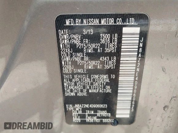 2013 Infiniti QX56 with VIN JN8AZ2NE4D9060623, listed as a IAAI auction lot 42231609 with 229,360 mi miles and . Bid and sale history available at DreamBid. Image 9.