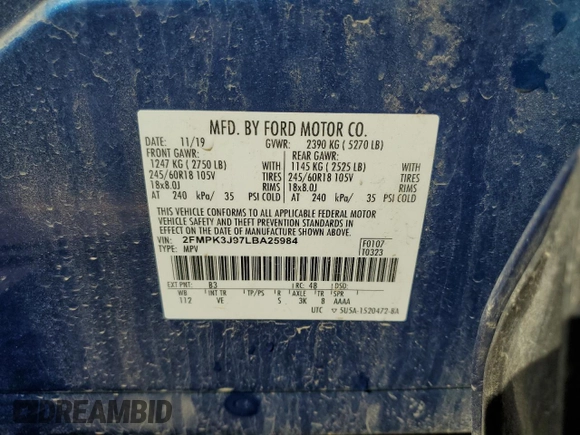 2020 Ford Edge SEL z VIN 2FMPK3J97LBA25984, wystawiony jako Copart lot #60789855 z przebiegiem 39 651 mil mil oraz Szkoda całkowita • Salvage title. Historia ofert i sprzedaży dostępna na DreamBid. Obrazek 14.