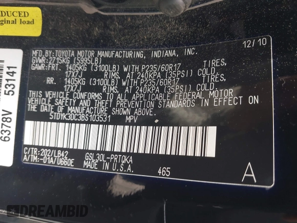 2011 Toyota Sienna XLE AAS with VIN 5TDYK3DC3BS103531, listed as a IAAI auction lot 42290142 with 231,995 mi miles and . Bid and sale history available at DreamBid. Image 9.