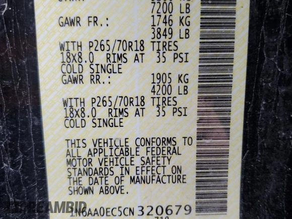2012 Nissan Titan S with VIN 1N6AA0EC5CN320679, listed as a Copart auction lot 43398135 with 219,604 mi miles and Salvage Title. Bid and sale history available at carsss.com. Image 12.