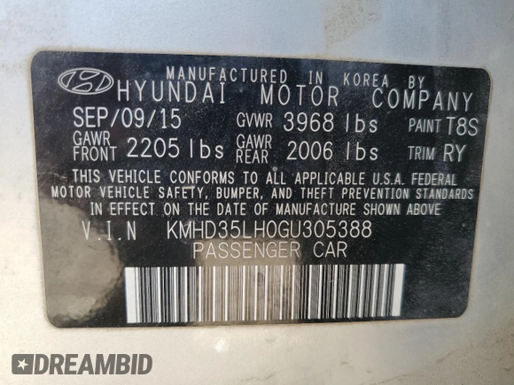 2016 Hyundai Elantra with VIN KMHD35LH0GU305388, listed as a Copart auction lot 85770244 with 125,172 mi miles and Salvage title. Bid and sale history available at DreamBid. Image 12.