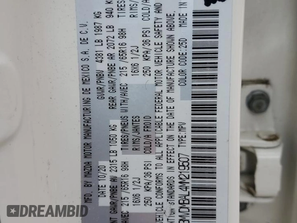 2021 Mazda CX-30 S with VIN 3MVDMBAL4MM219507, listed as a Copart auction lot 55579865 with 53,707 mi miles and Salvage title. Bid and sale history available at DreamBid. Image 14.