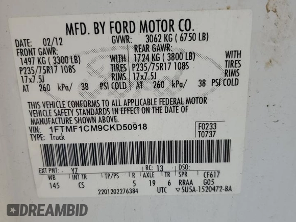 2012 Ford F-150 XL with VIN 1FTMF1CM9CKD50918, listed as a Copart auction lot 49097835 with 182,689 mi miles and Clean Title. Bid and sale history available at carsss.com. Image 13.