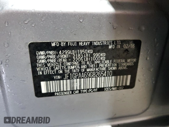 2016 Subaru Impreza 2.0i z VIN JF1GPAA69G8265410, wystawiony jako Copart lot #55403845 z przebiegiem 94 103 mil mil oraz Szkoda całkowita • Salvage title. Historia ofert i sprzedaży dostępna na DreamBid. Obrazek 12.