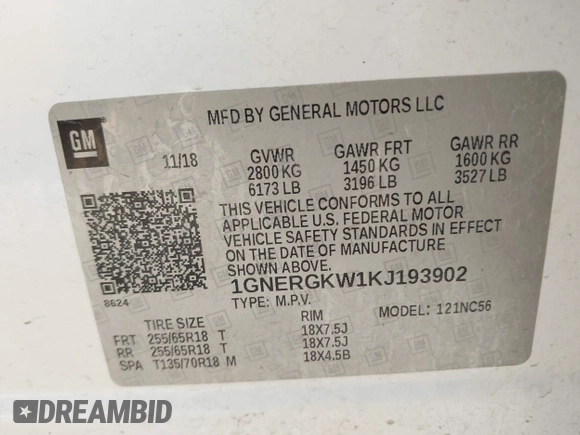 2019 Chevrolet Traverse LT Cloth with VIN 1GNERGKW1KJ193902, listed as a IAAI auction lot 41900901 with 131,672 mi miles and . Bid and sale history available at DreamBid. Image 9.