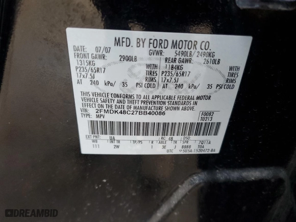 2007 Ford Edge SEL with VIN 2FMDK48C27BB40086, listed as a Copart auction lot 89325215 with 166,862 mi miles and Salvage Title. Bid and sale history available at carsss.com. Image 13.