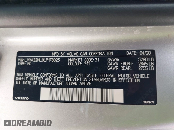 2020 Volvo S90 Inscription with VIN LVYA22ML0LP178025, listed as a IAAI auction lot 39736612 with 35,972 mi miles. Bid and sale history available at carsss.com. Image 9.