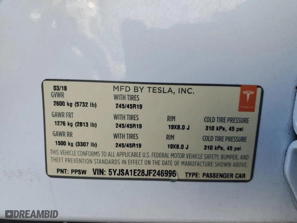 2018 Tesla Model S 75D with VIN 5YJSA1E28JF246996, listed as a Copart auction lot 50930045 with 113,999 mi miles and Salvage Title. Bid and sale history available at carsss.com. Image 14.