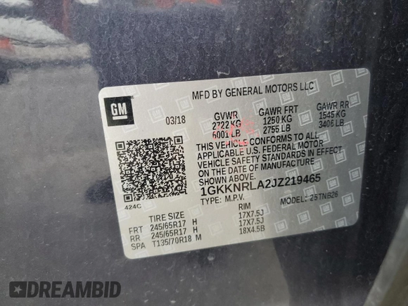 2018 GMC Acadia SLE with VIN 1GKKNRLA2JZ219465, listed as a Copart auction lot 55831755 with 157,168 mi miles and Salvage title. Bid and sale history available at DreamBid. Image 13.