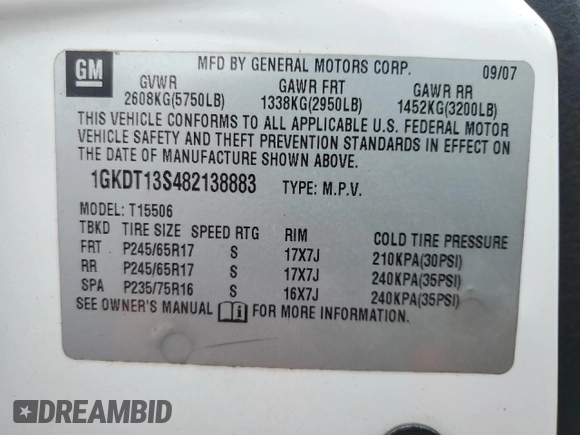 2008 GMC Envoy SLE2 with VIN 1GKDT13S482138883, listed as a Copart auction lot 60243614 with 232,037 mi miles and Salvage Title. Bid and sale history available at DreamBid. Image 14.