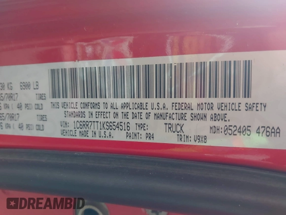 2019 Ram 1500 Big Horn z VIN 1C6RR7TT1KS654516, wystawiony jako IAAI lot #41634431 z przebiegiem 95 199 mil mil oraz . Historia ofert i sprzedaży dostępna na DreamBid. Obrazek 9.