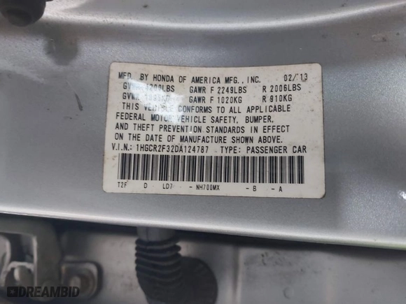 2013 Honda Accord Sdn LX with VIN 1HGCR2F32DA124787, listed as a IAAI auction lot 41902262 with 122,803 mi miles. Bid and sale history available at carsss.com. Image 9.