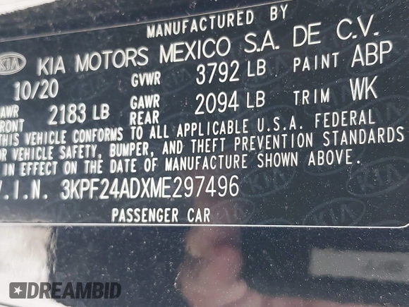 2021 Kia Forte LXS with VIN 3KPF24ADXME297496, listed as a IAAI auction lot 42274152 with 80,345 mi miles and . Bid and sale history available at DreamBid. Image 9.