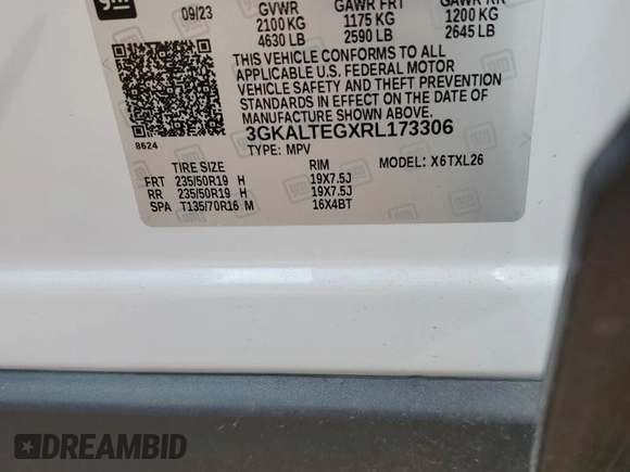 2024 GMC Terrain SLE with VIN 3GKALTEGXRL173306, listed as a Copart auction lot 57458985 with 17,131 mi miles and Non repairable. Bid and sale history available at DreamBid. Image 14.