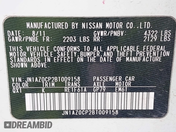 2011 Nissan LEAF SL-e with VIN JN1AZ0CP2BT009158, listed as a IAAI auction lot 41754148 with 115,178 mi miles. Bid and sale history available at carsss.com. Image 9.