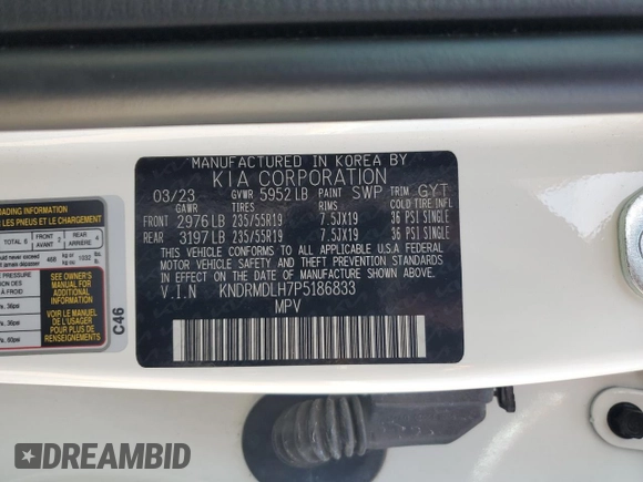 2023 Kia Sorento SX Prestige with VIN KNDRMDLH7P5186833, listed as a Copart auction lot 52779195 with 17,616 mi miles and Salvage title. Bid and sale history available at DreamBid. Image 14.