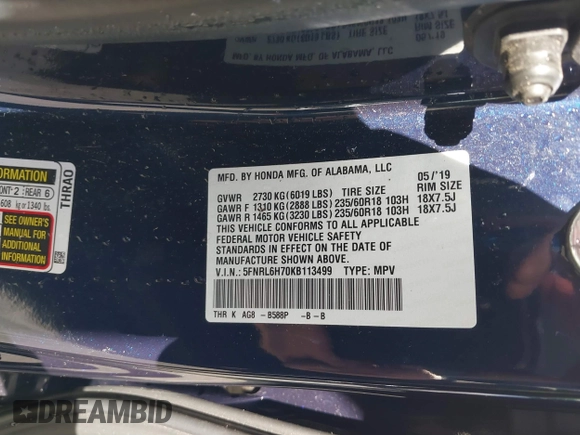2019 Honda Odyssey EX-L z VIN 5FNRL6H70KB113499, wystawiony jako IAAI lot #41681215 z przebiegiem Nie podano mil oraz . Historia ofert i sprzedaży dostępna na DreamBid. Obrazek 9.