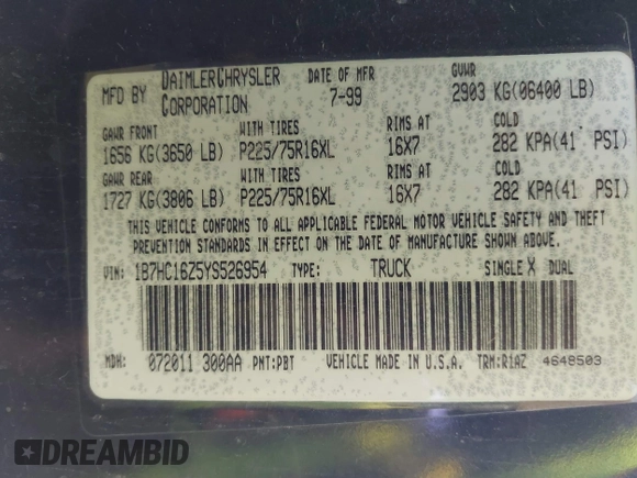 2000 Dodge 1500 с VIN 1B7HC16Z5YS526954, выставлен на аукционе IAAI как лот 41627502 с пробегом 189 632 миль миль и . История ставок и продаж доступна на DreamBid. Изображение 9.
