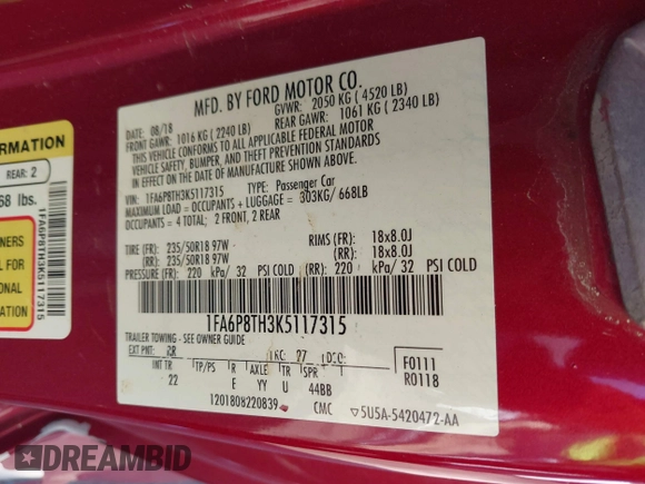 2019 Ford Mustang EcoBoost with VIN 1FA6P8TH3K5117315, listed as a IAAI auction lot 41542245 with Not Provided miles and . Bid and sale history available at carsss.com. Image 9.