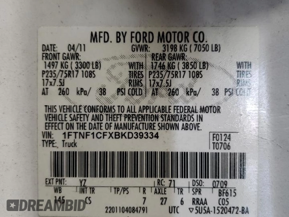 2011 Ford F-150 XL with VIN 1FTNF1CFXBKD39334, listed as a Copart auction lot 88544945 with 285,550 mi miles and Clean Title. Bid and sale history available at carsss.com. Image 12.