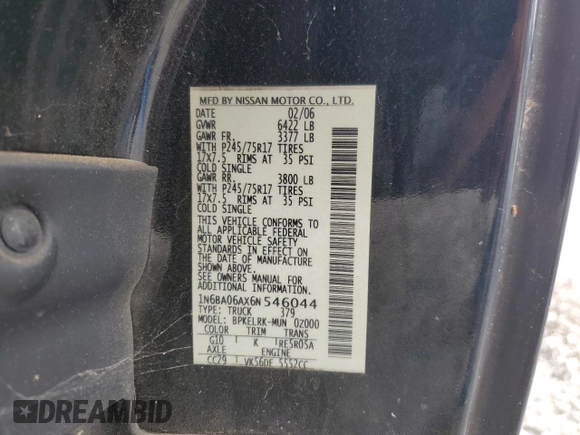 2006 Nissan Titan SE z VIN 1N6BA06AX6N546044, wystawiony jako Copart lot #57662705 z przebiegiem 207 161 mil mil oraz Czysty tytuł • Clean title. Historia ofert i sprzedaży dostępna na DreamBid. Obrazek 12.