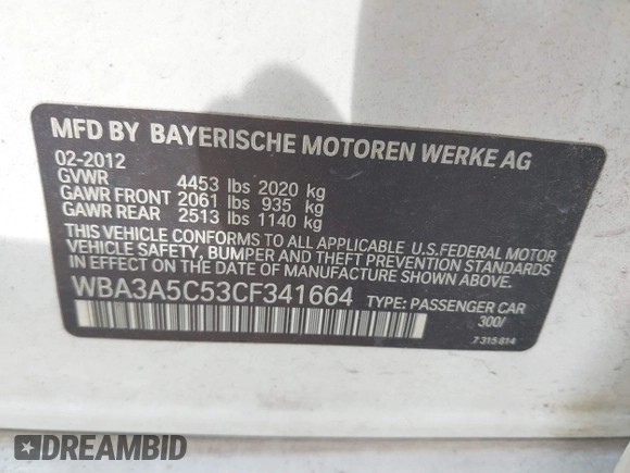2012 BMW 3 Series 328i with VIN WBA3A5C53CF341664, listed as a IAAI auction lot 41991169 with 168,808 mi miles and . Bid and sale history available at carsss.com. Image 9.