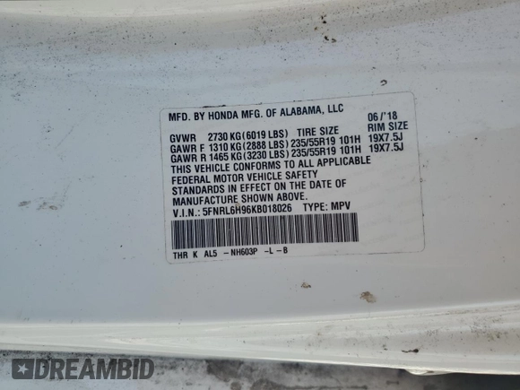 2019 Honda Odyssey Elite with VIN 5FNRL6H96KB018026, listed as a Copart auction lot 53466285 with 206,548 mi miles and Non Repairable. Bid and sale history available at DreamBid. Image 13.
