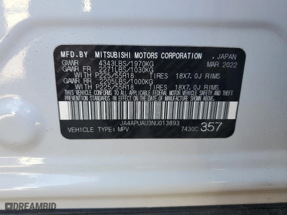 2022 Mitsubishi Outlander Sport ES with VIN JA4APUAU3NU013893, listed as a Copart auction lot 53952625 with 33,591 mi miles and Salvage Title. Bid and sale history available at carsss.com. Image 12.