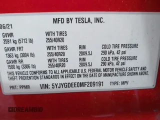 2021 Tesla Model Y Long Range with VIN 5YJYGDEE0MF209191, listed as a IAAI auction lot 41937507 with 56,131 mi miles. Bid and sale history available at carsss.com. Image 9.