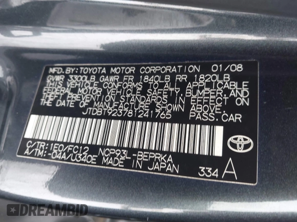 2008 Toyota Yaris with VIN JTDBT923781241765, listed as a IAAI auction lot 41488088 with 149,285 mi miles. Bid and sale history available at carsss.com. Image 9.