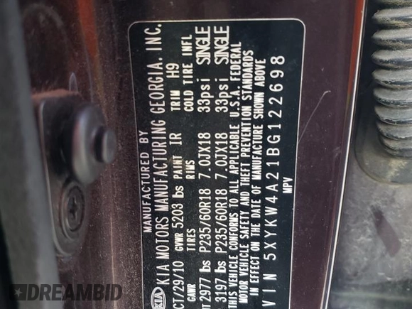 2011 Kia Sorento SX with VIN 5XYKW4A21BG122698, listed as a Copart auction lot 82316704 with 191,579 mi miles and Salvage Title. Bid and sale history available at carsss.com. Image 13.