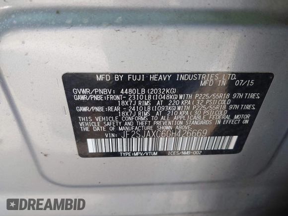 2016 Subaru Forester 2.5i Touring with VIN JF2SJAXC6GH426669, listed as a IAAI auction lot 41923991 with 1 mi miles. Bid and sale history available at carsss.com. Image 9.