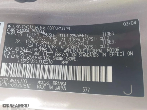 2004 Toyota Highlander with VIN JTEDP21A240032210, listed as a IAAI auction lot 41832985 with 1 mi miles. Bid and sale history available at carsss.com. Image 9.