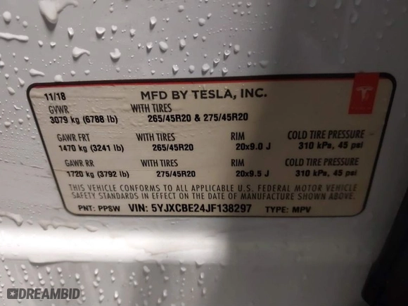 2018 Tesla Model X 75D with VIN 5YJXCBE24JF138297, listed as a IAAI auction lot 41058224 with NaN miles. Bid and sale history available at carsss.com. Image 9.