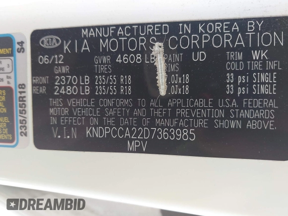 2013 Kia Sportage EX with VIN KNDPCCA22D7363985, listed as a IAAI auction lot 42621519 with 160,029 mi miles and . Bid and sale history available at DreamBid. Image 9.