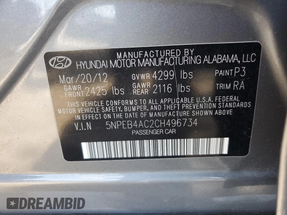 2012 Hyundai Sonata GLS with VIN 5NPEB4AC2CH496734, listed as a Copart auction lot 53071005 with 86,299 mi miles and Salvage Title. Bid and sale history available at carsss.com. Image 14.