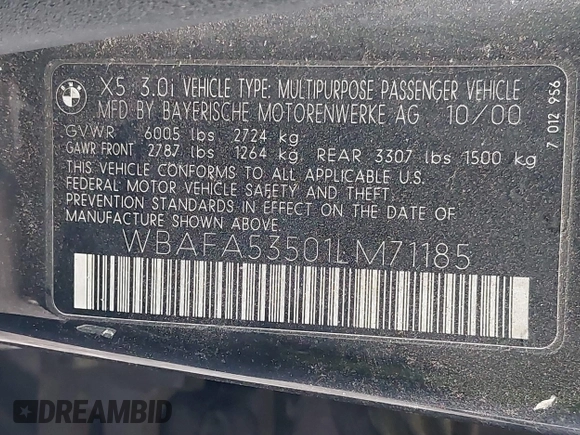 2001 BMW X5 3.0i with VIN WBAFA53501LM71185, listed as a IAAI auction lot 41610473 with 141,322 mi miles. Bid and sale history available at carsss.com. Image 9.