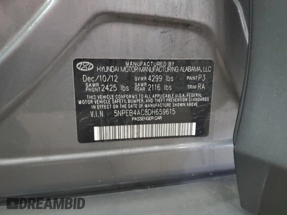 2013 Hyundai Sonata GLS z VIN 5NPEB4AC8DH659615, wystawiony jako Copart lot #55651985 z przebiegiem 81 532 mil mil oraz Szkoda całkowita • Salvage title. Historia ofert i sprzedaży dostępna na DreamBid. Obrazek 13.