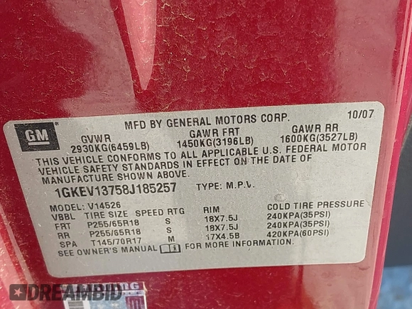 2008 GMC Acadia SLE1 with VIN 1GKEV13758J185257, listed as a IAAI auction lot 41563136 with 113,772 mi miles. Bid and sale history available at carsss.com. Image 9.