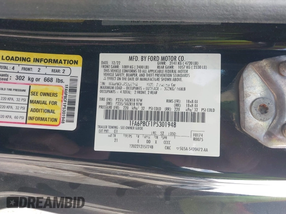 2023 Ford Mustang GT with VIN 1FA6P8CF1P5301948, listed as a IAAI auction lot 42056792 with 45,545 mi miles and . Bid and sale history available at DreamBid. Image 9.