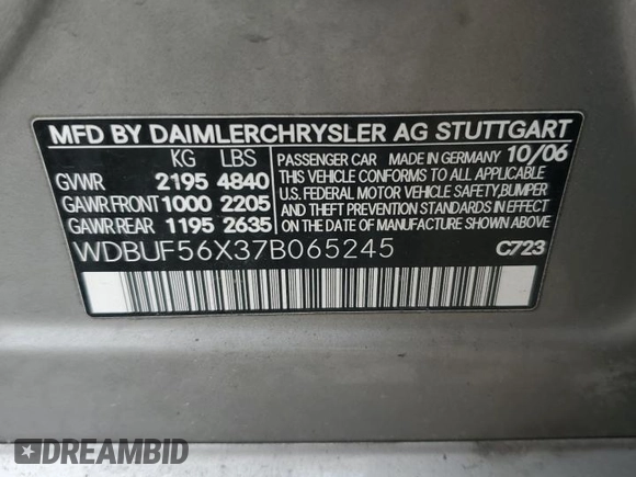 2007 Mercedes-Benz E-Class 3.5L with VIN WDBUF56X37B065245, listed as a Copart auction lot 48221865 with 193,203 mi miles and Salvage Title. Bid and sale history available at carsss.com. Image 12.