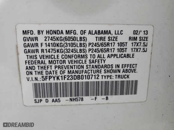2013 Honda Ridgeline RT with VIN 5FPYK1F23DB010712, listed as a Copart auction lot 44054985 with 98,901 mi miles and Salvage Title. Bid and sale history available at carsss.com. Image 13.