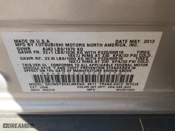 2013 Mitsubishi Outlander Sport ES with VIN 4A4AR3AU0DE022501, listed as a Copart auction lot 43800255 with 67,572 mi miles and Salvage Title. Bid and sale history available at carsss.com. Image 12.