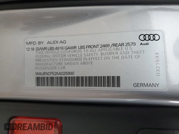 2019 Audi A5 Sportback Premium Plus с VIN WAUENCF52KA026900, выставлен на аукционе Copart как лот 52371475 с пробегом 29 711 миль миль и Списание • Salvage title. История ставок и продаж доступна на DreamBid. Изображение 12.