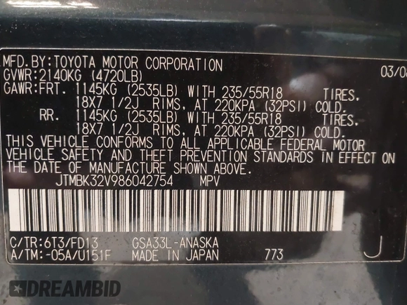 2008 Toyota RAV4 Sport with VIN JTMBK32V986042754, listed as a IAAI auction lot 41214143 with 159,350 mi miles. Bid and sale history available at carsss.com. Image 9.
