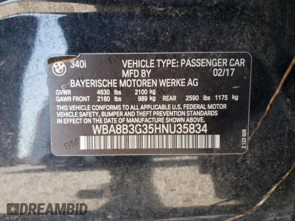 2017 BMW 3 Series 340i with VIN WBA8B3G35HNU35834, listed as a Copart auction lot 46092845 with 105,021 mi miles and Clean Title. Bid and sale history available at DreamBid. Image 12.