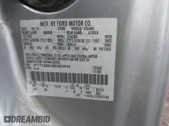 2011 Ford F-250 XL with VIN 1FT7X2B63BEB03510, listed as a IAAI auction lot 41526873 with 323,936 mi miles and . Bid and sale history available at DreamBid. Image 9.