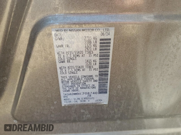 2014 Nissan Pathfinder Platinum with VIN 5N1AR2MM0EC708740, listed as a Copart auction lot 58331805 with Not provided miles and Salvage title. Bid and sale history available at DreamBid. Image 13.