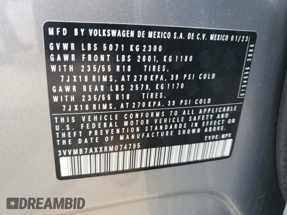2024 Volkswagen Tiguan SE with VIN 3VVMB7AXXRM074795, listed as a Copart auction lot 58084575 with 17,852 mi miles and Salvage title. Bid and sale history available at DreamBid. Image 13.
