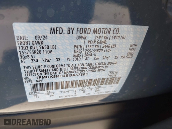 2025 Ford Explorer ST-Line with VIN 1FMUK8KH4SGA67803, listed as a IAAI auction lot 41844114 with 2,044 mi miles. Bid and sale history available at carsss.com. Image 9.